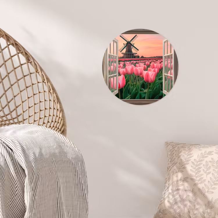 Doorkijk - Tulpen - Bloemen - Molen - Raam Wandcirkel behangsticker klein -sfeer4