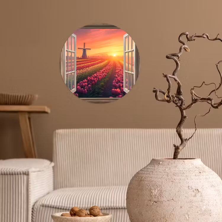 Doorkijk - Tulpen - Zonsondergang - Bloemen - Kleurrijk Wandcirkel behangsticker klein -sfeer1