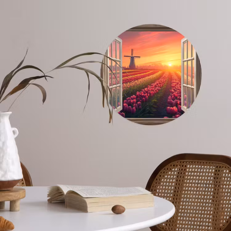 Doorkijk - Tulpen - Zonsondergang - Bloemen - Kleurrijk Wandcirkel behangsticker klein -sfeer3