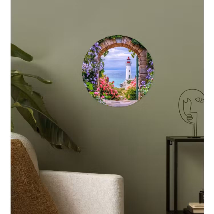 Doorkijk - Vuurtoren - Bloemen - Uitzicht Wandcirkel behangsticker klein -sfeer2
