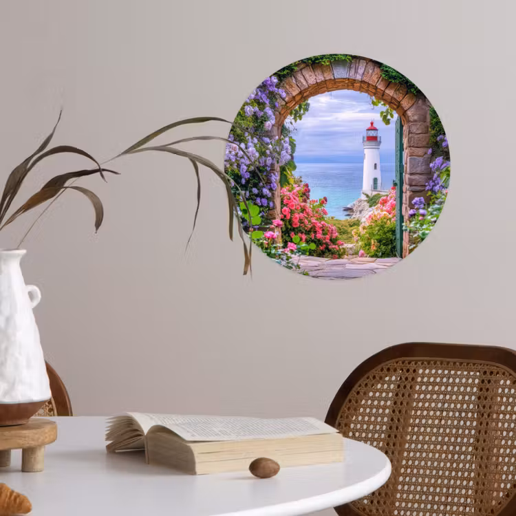 Doorkijk - Vuurtoren - Bloemen - Uitzicht Wandcirkel behangsticker klein -sfeer3