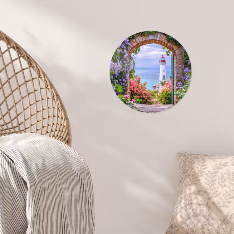 Doorkijk - Vuurtoren - Bloemen - Uitzicht Wandcirkel behangsticker klein -sfeer4