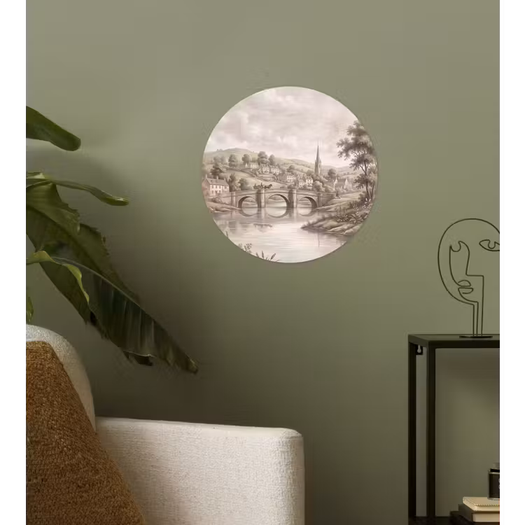 Dorp - Brug - Uitzicht - Groen Wandcirkel behangsticker klein -sfeer2
