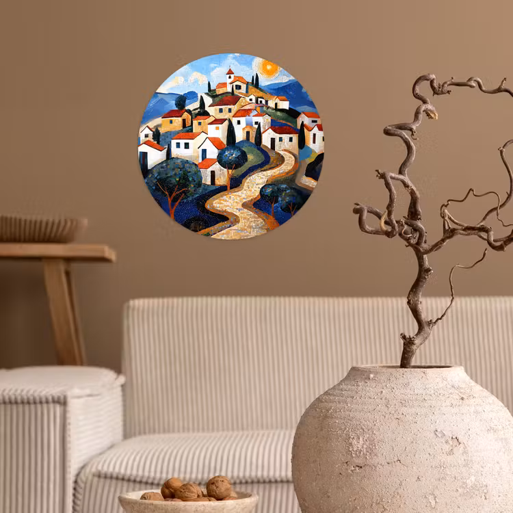 Dorp - Heuvelachtig - Zon - Mozaïek Wandcirkel behangsticker klein -sfeer1