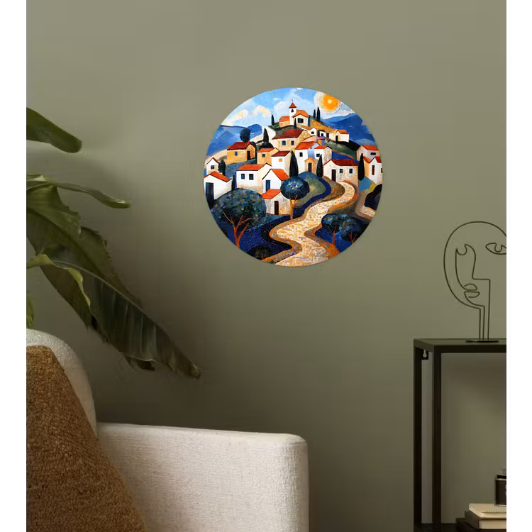Dorp - Heuvelachtig - Zon - Mozaïek Wandcirkel behangsticker klein -sfeer2