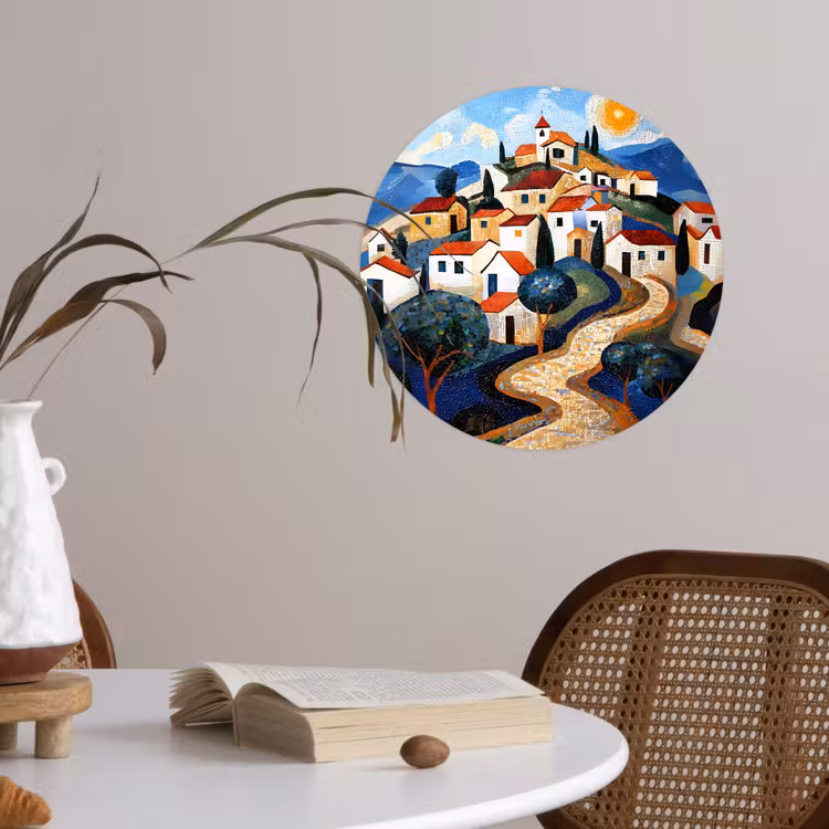 Dorp - Heuvelachtig - Zon - Mozaïek Wandcirkel behangsticker klein -sfeer3