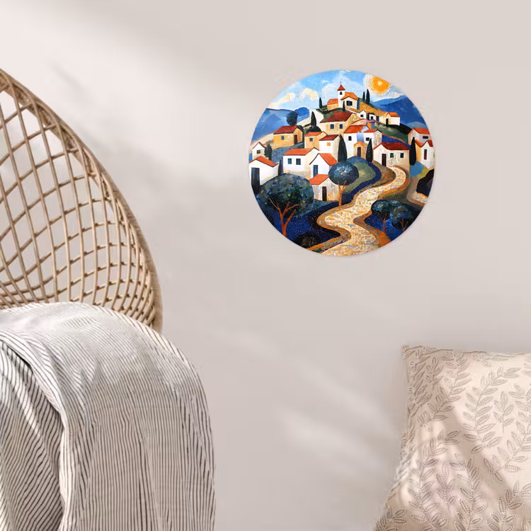Dorp - Heuvelachtig - Zon - Mozaïek Wandcirkel behangsticker klein -sfeer4