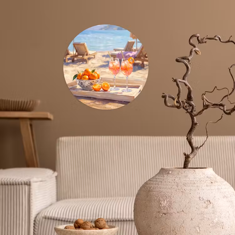 Drank - Glazen - Strand - Zomer - Oranje Wandcirkel behangsticker klein -sfeer1