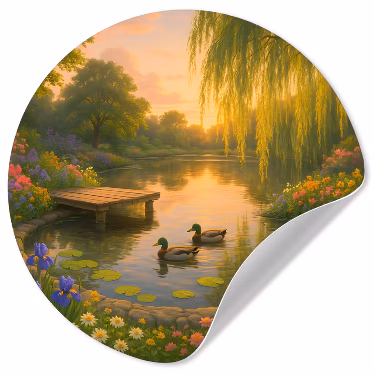 Eenden - Vijver - Bloemen Wandcirkel behangsticker klein -3d