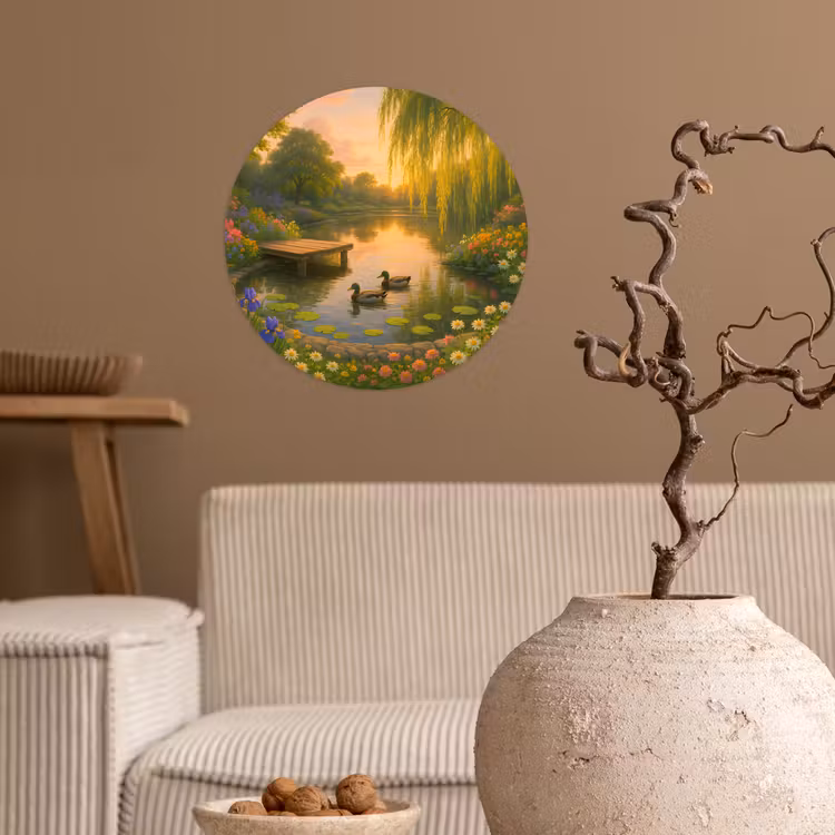 Eenden - Vijver - Bloemen Wandcirkel behangsticker klein -sfeer1