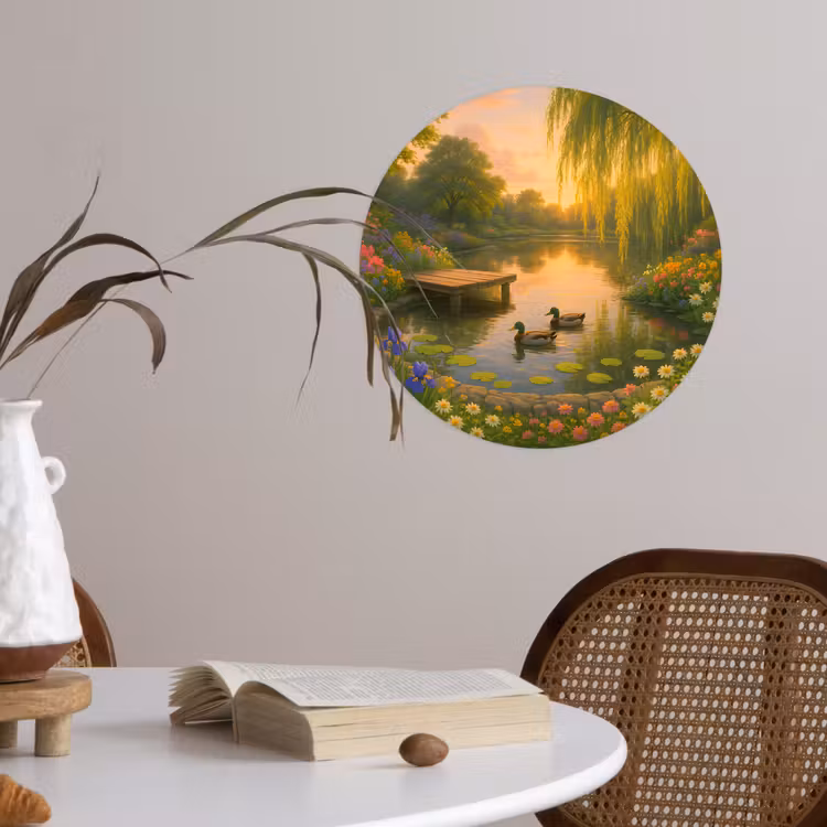 Eenden - Vijver - Bloemen Wandcirkel behangsticker klein -sfeer3