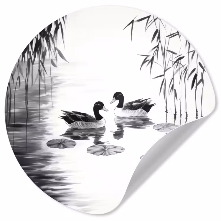 Eenden - Waterlelies - Riet - Zwart Wandcirkel behangsticker klein -3d