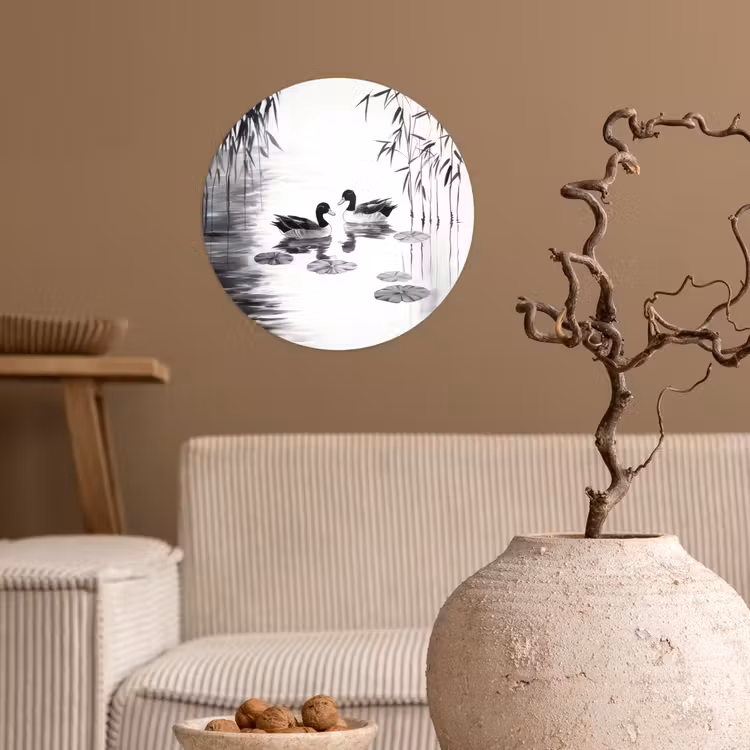 Eenden - Waterlelies - Riet - Zwart Wandcirkel behangsticker klein -sfeer1