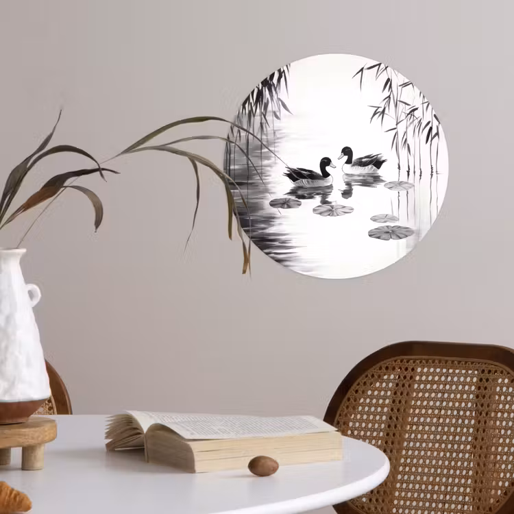 Eenden - Waterlelies - Riet - Zwart Wandcirkel behangsticker klein -sfeer3
