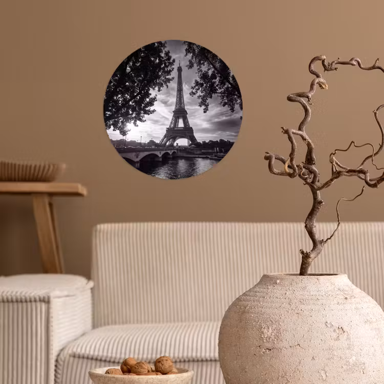 Eiffeltoren - Parijs - Rivier - Architectuur - Zwart-wit Wandcirkel behangsticker klein -sfeer1