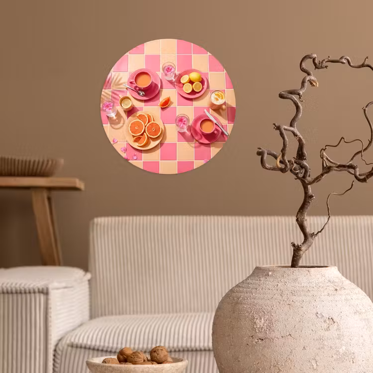 Eten - Citrusvruchten - Stillevens - Roze - Oranje Wandcirkel behangsticker klein -sfeer1