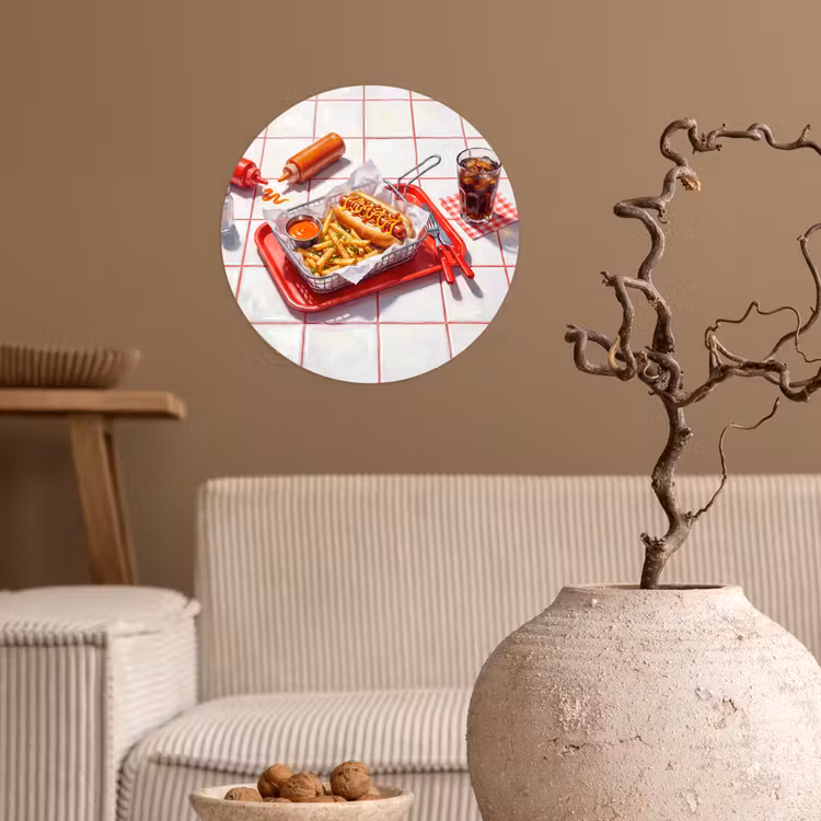 Eten - Hotdog - Fastfood - Modern - Rood Wandcirkel behangsticker klein -sfeer1