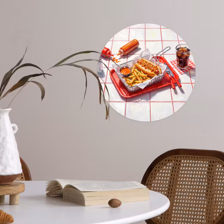 Eten - Hotdog - Fastfood - Modern - Rood Wandcirkel behangsticker klein -sfeer3