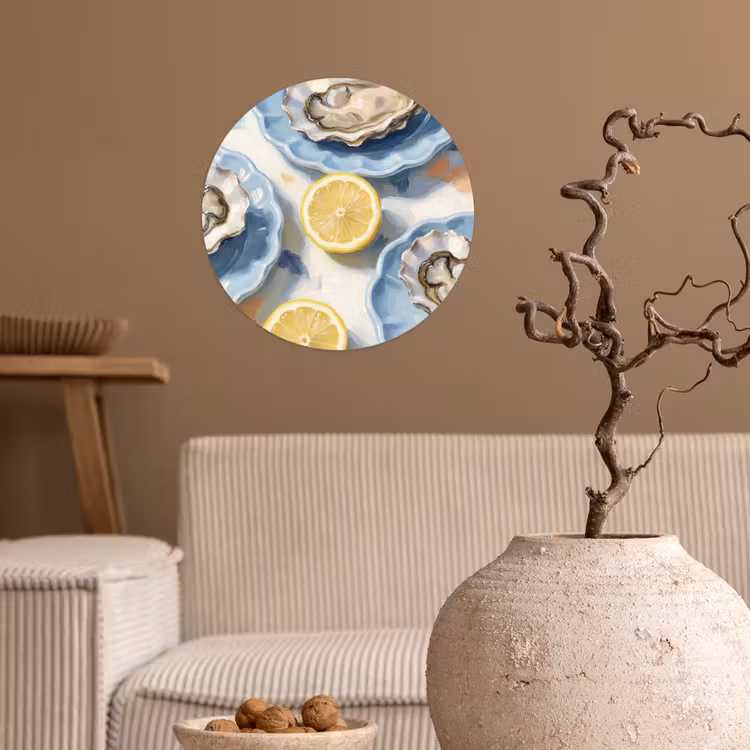 Eten - Oesters - Citroenen - Modern - Geel Wandcirkel behangsticker klein -sfeer1