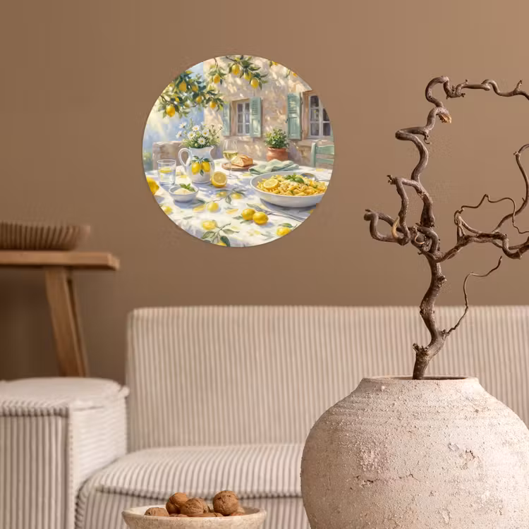 Eten - Terras - Zomer - Geschilderd - Geel Wandcirkel behangsticker klein -sfeer1