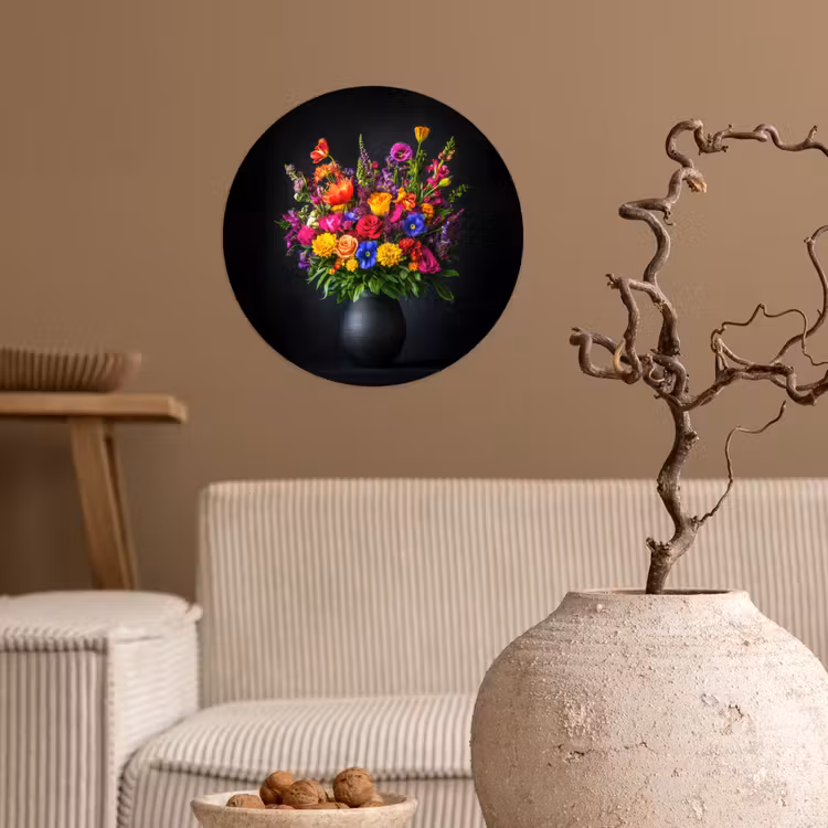 Felgekleurd - Bloemen - Vaas Wandcirkel behangsticker klein -sfeer1