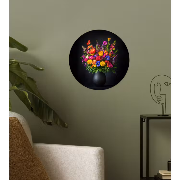 Felgekleurd - Bloemen - Vaas Wandcirkel behangsticker klein -sfeer2