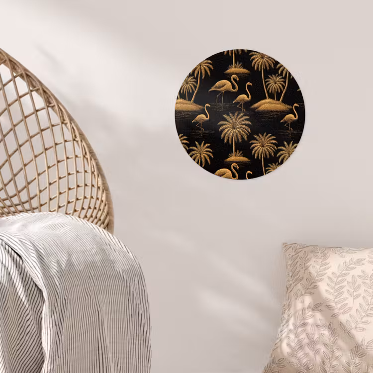 Flamingo - Palmbomen - Tropisch - Goud - Zwart Wandcirkel behangsticker klein 186 -sfeer4