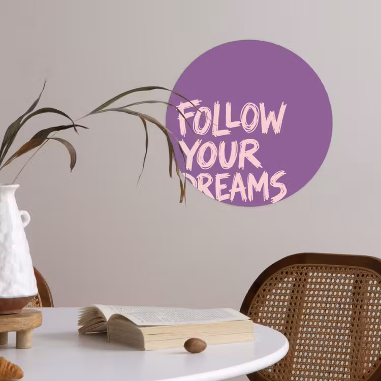 Follow your dreams - Paars - Penseeltextuur Wandcirkel behangsticker klein -sfeer3