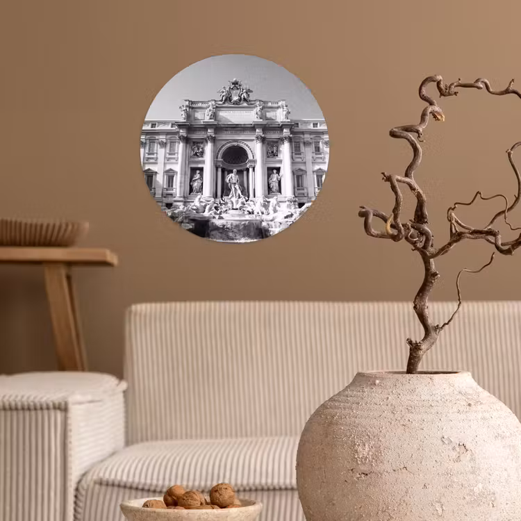 Fontein - Beelden - Architectuur - Zwart-wit Wandcirkel behangsticker klein -sfeer1