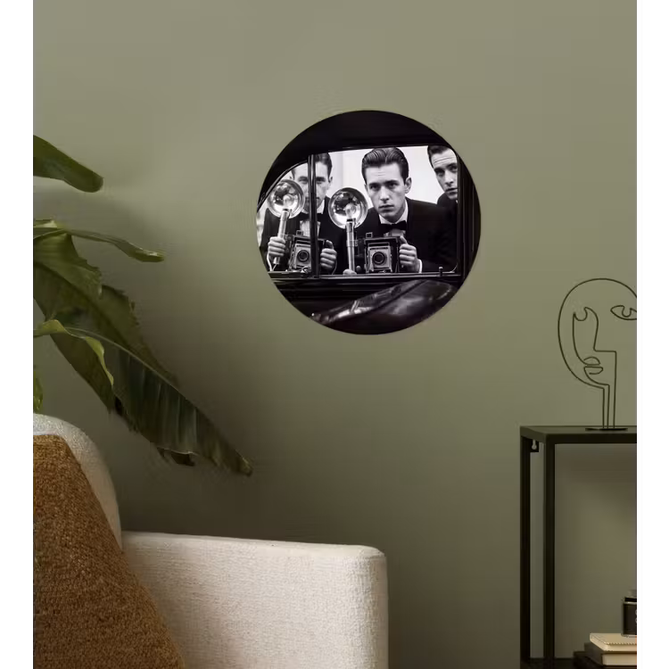 Fotograaf - Camera - Vintage - Journalistiek - Zwart-wit Wandcirkel behangsticker klein -sfeer2
