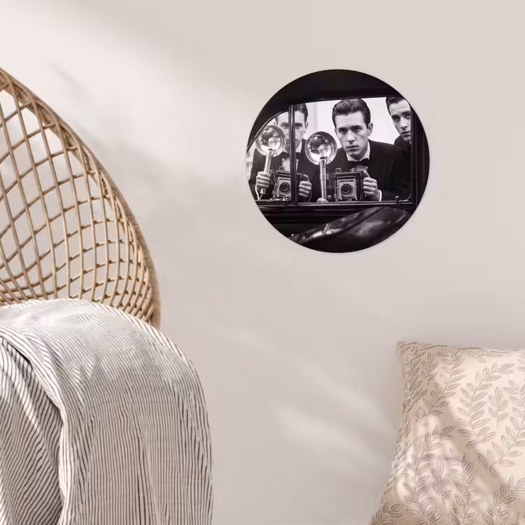 Fotograaf - Camera - Vintage - Journalistiek - Zwart-wit Wandcirkel behangsticker klein -sfeer4