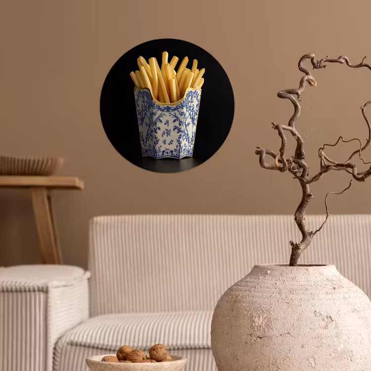Friet - Porselein - Delfts blauw - Eten Wandcirkel behangsticker klein -sfeer1
