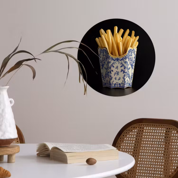 Friet - Porselein - Delfts blauw - Eten Wandcirkel behangsticker klein -sfeer3