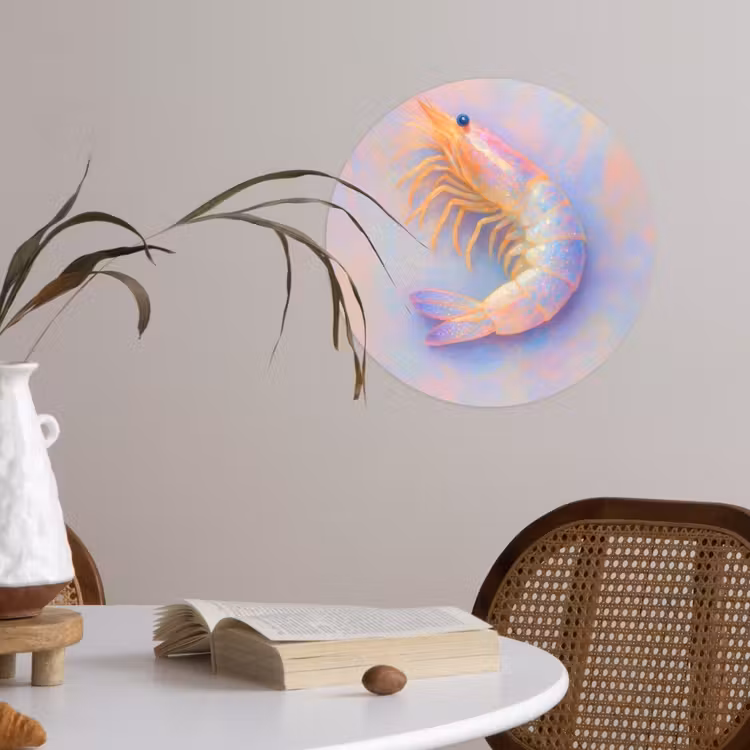Garnaal - Subtiele structuur - Blauw - Roze Wandcirkel behangsticker klein -sfeer3