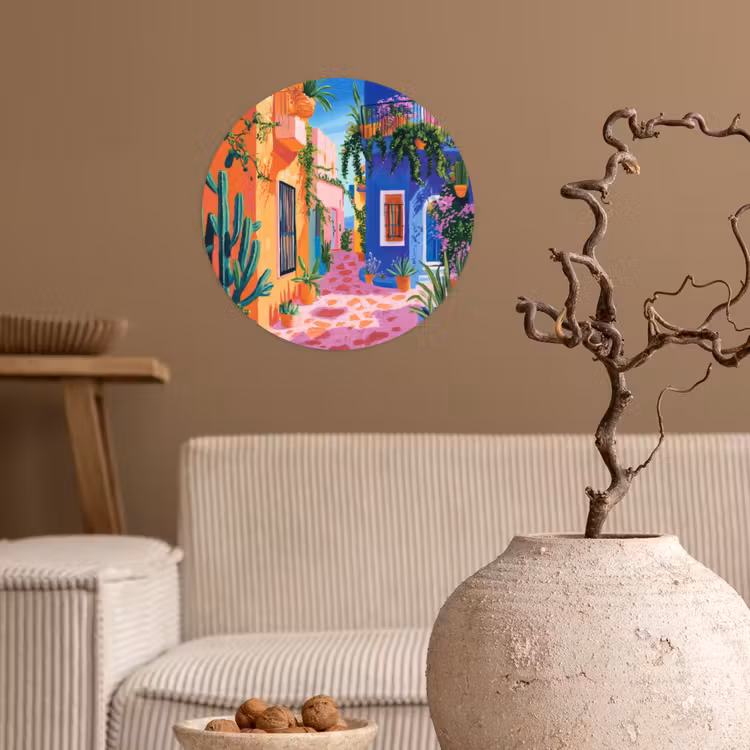 Geel - Blauw - Oranje - Huis Wandcirkel behangsticker klein -sfeer1