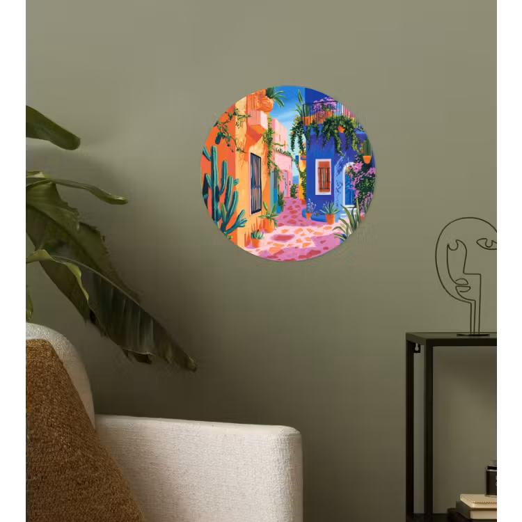 Geel - Blauw - Oranje - Huis Wandcirkel behangsticker klein -sfeer2