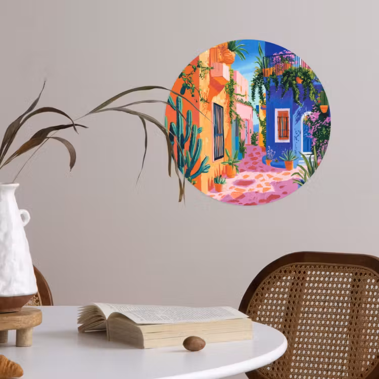 Geel - Blauw - Oranje - Huis Wandcirkel behangsticker klein -sfeer3