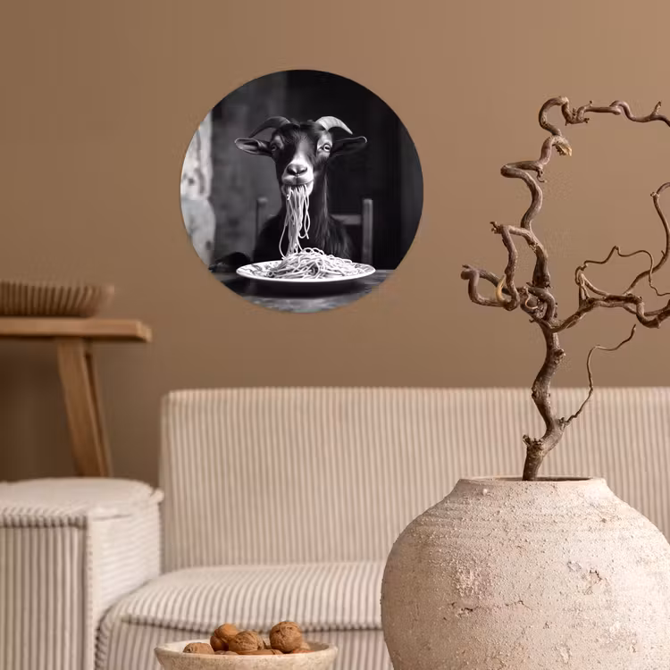 Geit - Bord - Spaghetti - Zwart Wit Wandcirkel behangsticker klein -sfeer1
