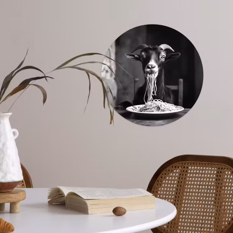Geit - Bord - Spaghetti - Zwart Wit Wandcirkel behangsticker klein -sfeer3