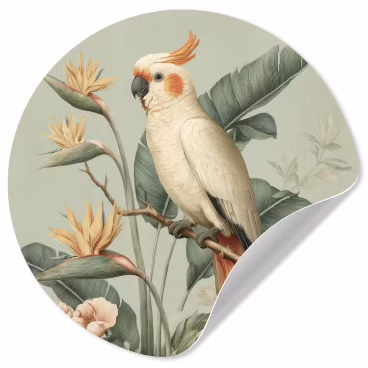 Gele kuifkaketoe - paradijsvogelbloemen - Groen Wandcirkel behangsticker klein -3d