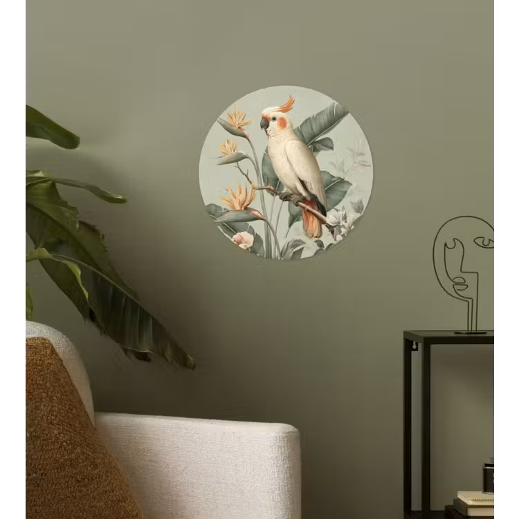 Gele kuifkaketoe - paradijsvogelbloemen - Groen Wandcirkel behangsticker klein -sfeer2