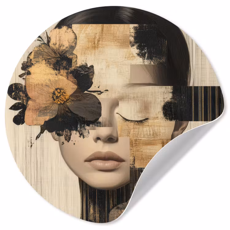 Gezicht - Bloemen - Zwart - Vrouw Wandcirkel behangsticker klein -3d