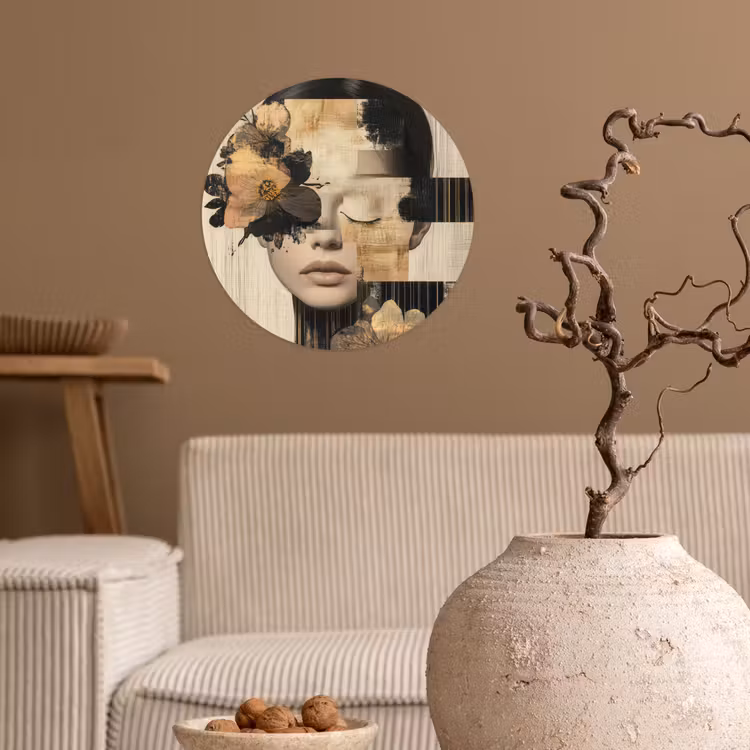 Gezicht - Bloemen - Zwart - Vrouw Wandcirkel behangsticker klein -sfeer1
