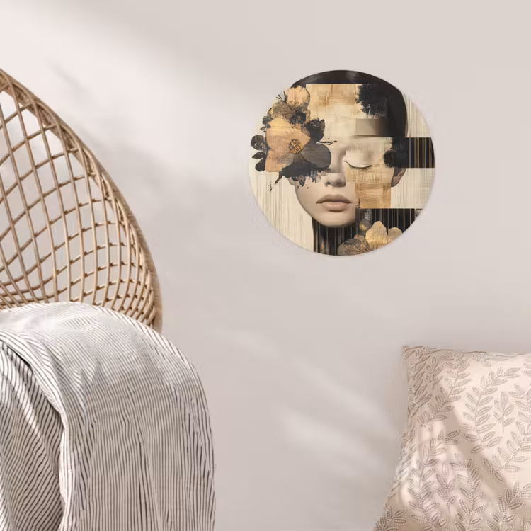 Gezicht - Bloemen - Zwart - Vrouw Wandcirkel behangsticker klein -sfeer4