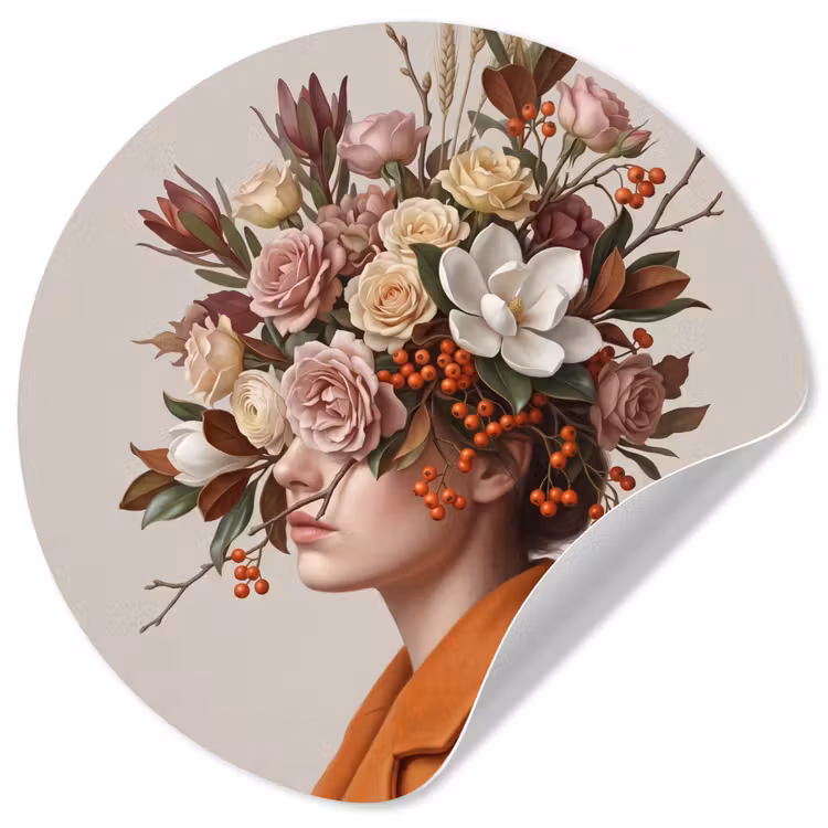 Gezicht - Boeket - Kleurrijk Wandcirkel behangsticker klein -3d
