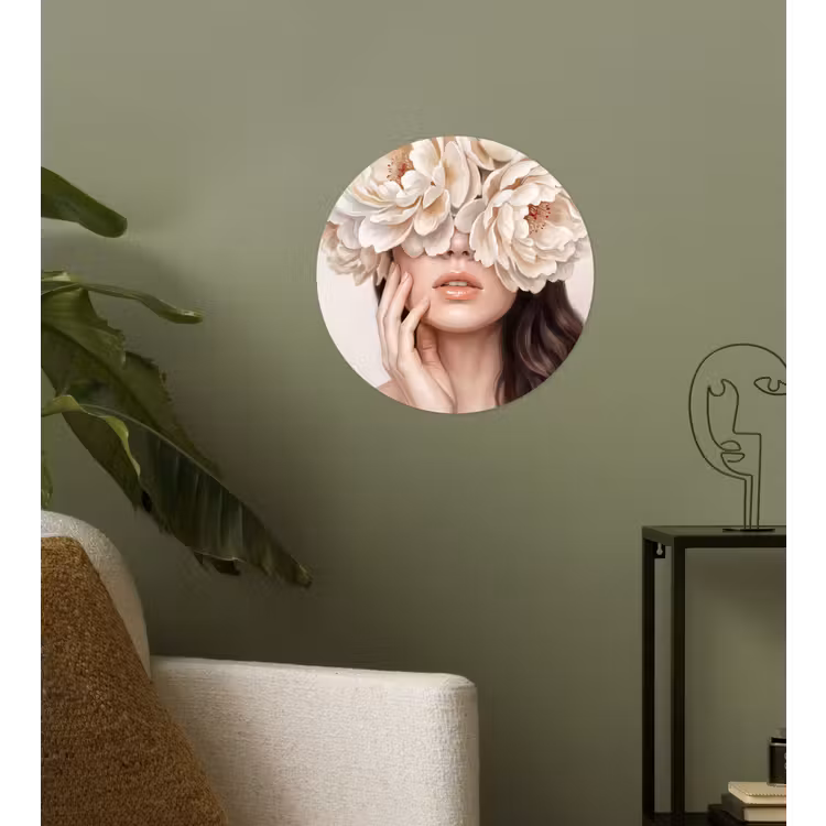 Gezicht - Pioenrozen - Crème Wandcirkel behangsticker klein -sfeer2