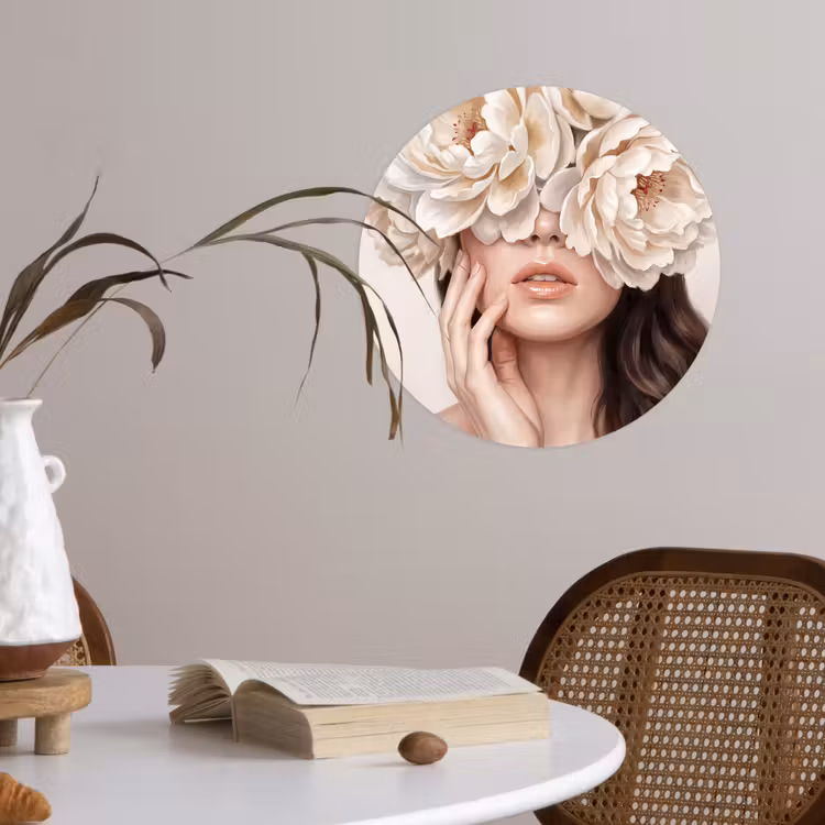 Gezicht - Pioenrozen - Crème Wandcirkel behangsticker klein -sfeer3