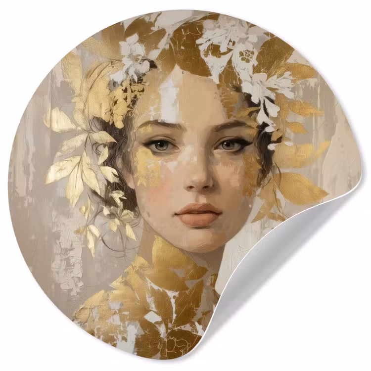 Gezicht - Vrouw - Bladeren - Goud Wandcirkel behangsticker klein -3d
