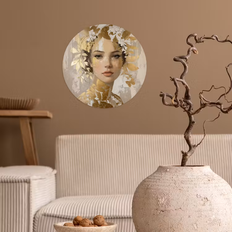 Gezicht - Vrouw - Bladeren - Goud Wandcirkel behangsticker klein -sfeer1