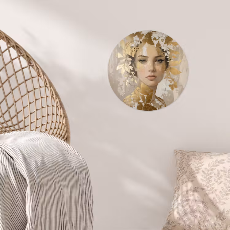 Gezicht - Vrouw - Bladeren - Goud Wandcirkel behangsticker klein -sfeer4